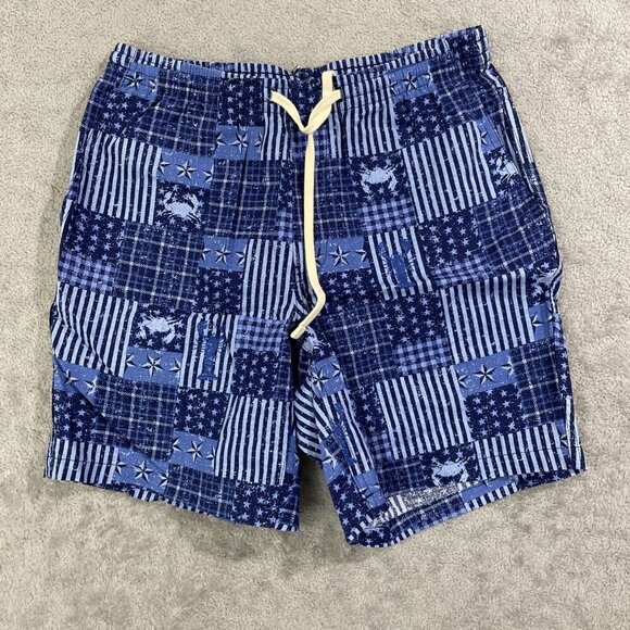 NEW Lands' End Men's S Linen Deck Beach Shorts Blue Nautical Patchwork - Picture 1 of 6